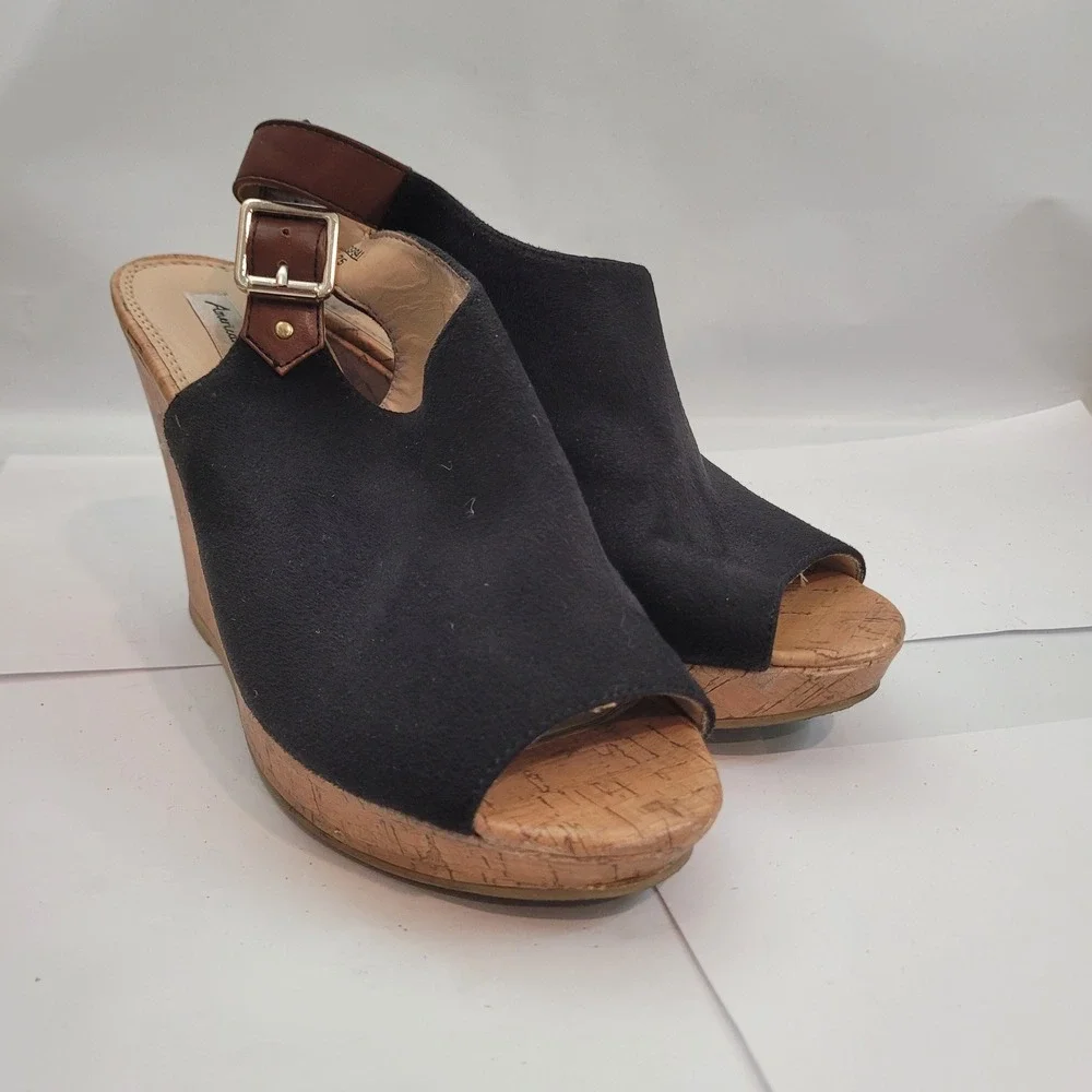 American Eagle Wedge Sandals Womens 8.5 Black Cork Platform Slingback Shoes